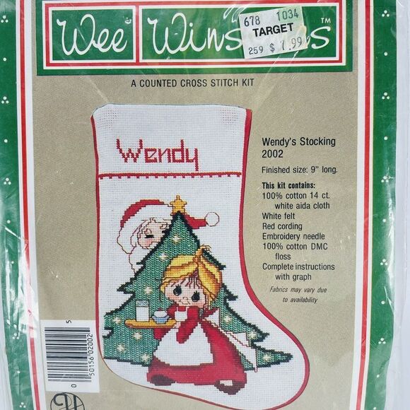 Wee Winsomes Wendy 9" Christmas Stocking Cross Stitch Kit 2002 Hugs N Stitches - Picture 1 of 4